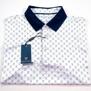 Maelreg M Men's All Over Golf Club Print Short Sleeve Golf Polo White Navy NEW